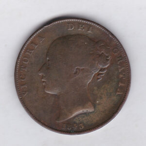 1843 copper penny coin featuring the young head portrait of Queen Victoria on the Obverse. The coin depicts Britannia seated to the right on the Reverse.