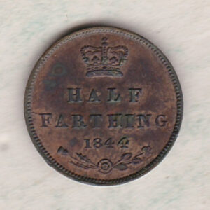 1844 Copper Half Farthing featuring the young head portrait of Victoria on the Obverse. A central crowned denomination with the date below on the Reverse.