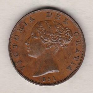 1851 copper halfpenny coin featuring young head Queen Victoria on the Obverse. Britannia seated facing right holding a trident on the Reverse. 