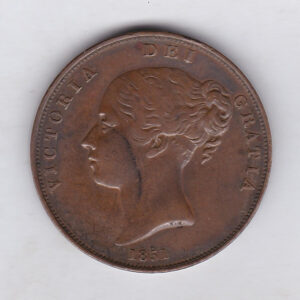 1851 copper penny coin featuring the young head portrait of Queen Victoria on the Obverse. The coin depicts Britannia seated to the right on the Reverse.