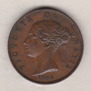 1852 copper halfpenny coin featuring young head Queen Victoria on the Obverse. Britannia seated facing right holding a trident on the Reverse. 