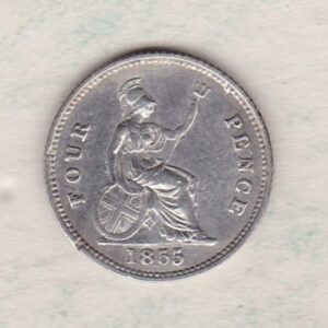 1855 Silver Fourpence Groat coin featuring a young head Queen Victoria on the Obverse. The Britannia, denomination and date are on the reverse.