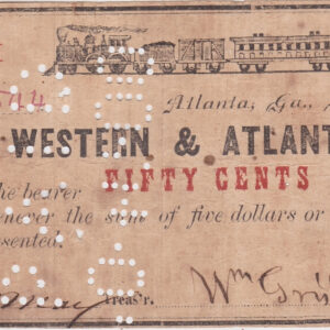 1862 USA Fifty Cents Banknote. This fifty cents banknote was issued in Georgia 1862 for The Western & Atlantic Rail Road.