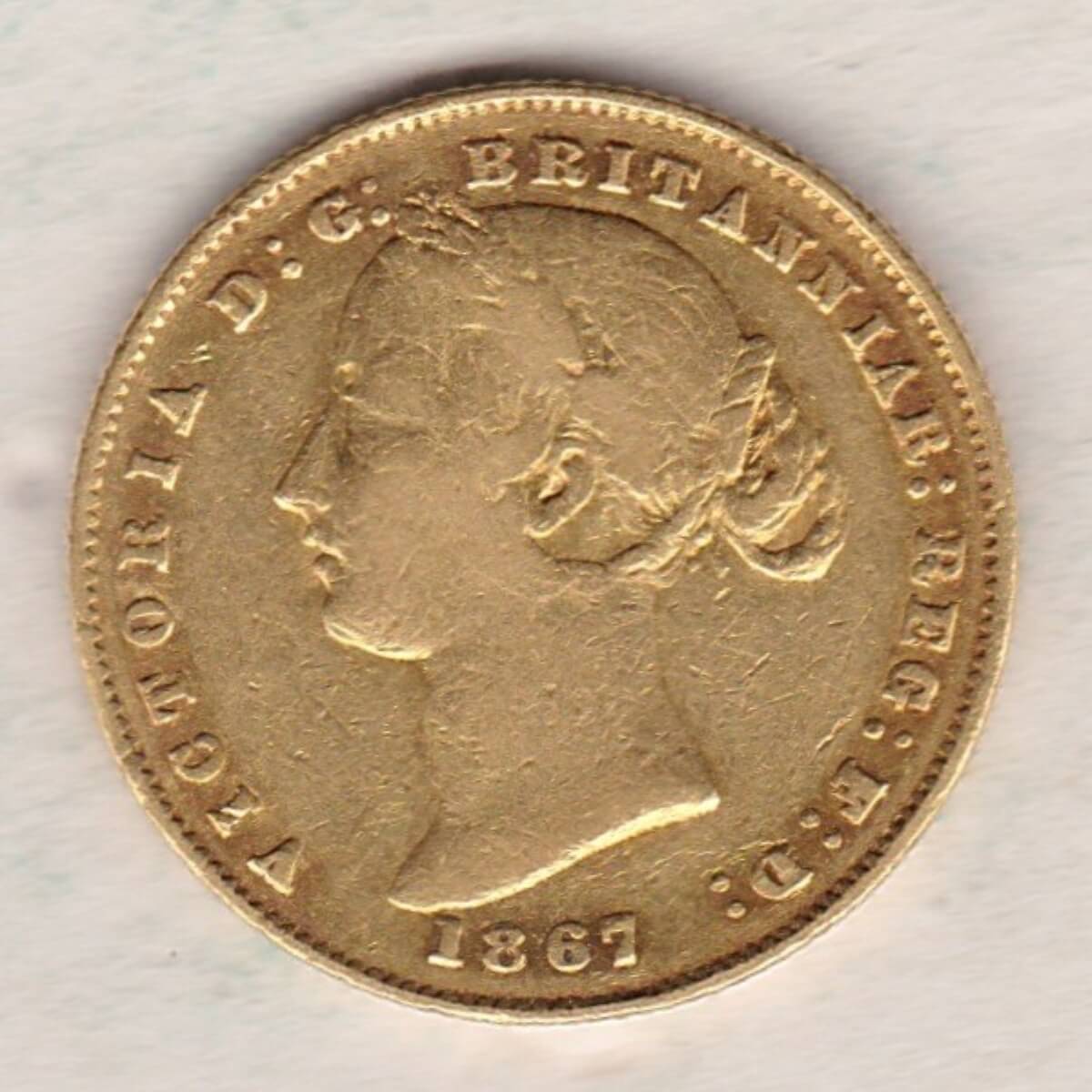 1867 Australia Gold Sovereign featuring the Queen Victoria on the Obverse. The words Australia, Sydney and one Sovereign are on the Reverse.