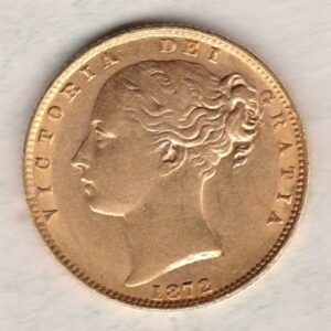 1872 Gold Sovereign Coin. Die number 111. The coin features a young head queen Victoria on the Obverse and the collectable shield design on the Reverse.