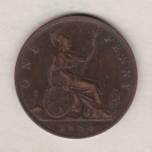 1886 bronze penny coin featuring the young head portrait of Queen Victoria on the Obverse. The coin depicts Britannia seated to the right on the Reverse.