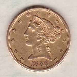 1886 S USA Five Dollars coin featuring S San Francisco mint mark, the Coronet head design on the Obverse. The eagle on the Reverse.