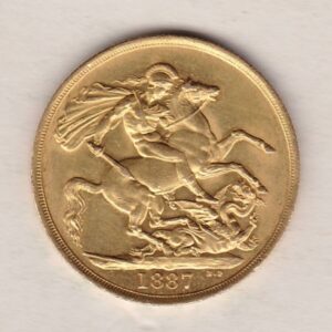 1887 Gold Two Pounds Double Sovereign Coin featuring Queen Victoria Jubilee Head on the Obverse and St George & the Dragon on the Reverse.