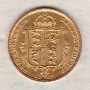 1887 Gold Half Sovereign Coin featuring Queen Victoria Jubilee Head on the Obverse and the shield design on the Reverse in EF condition.