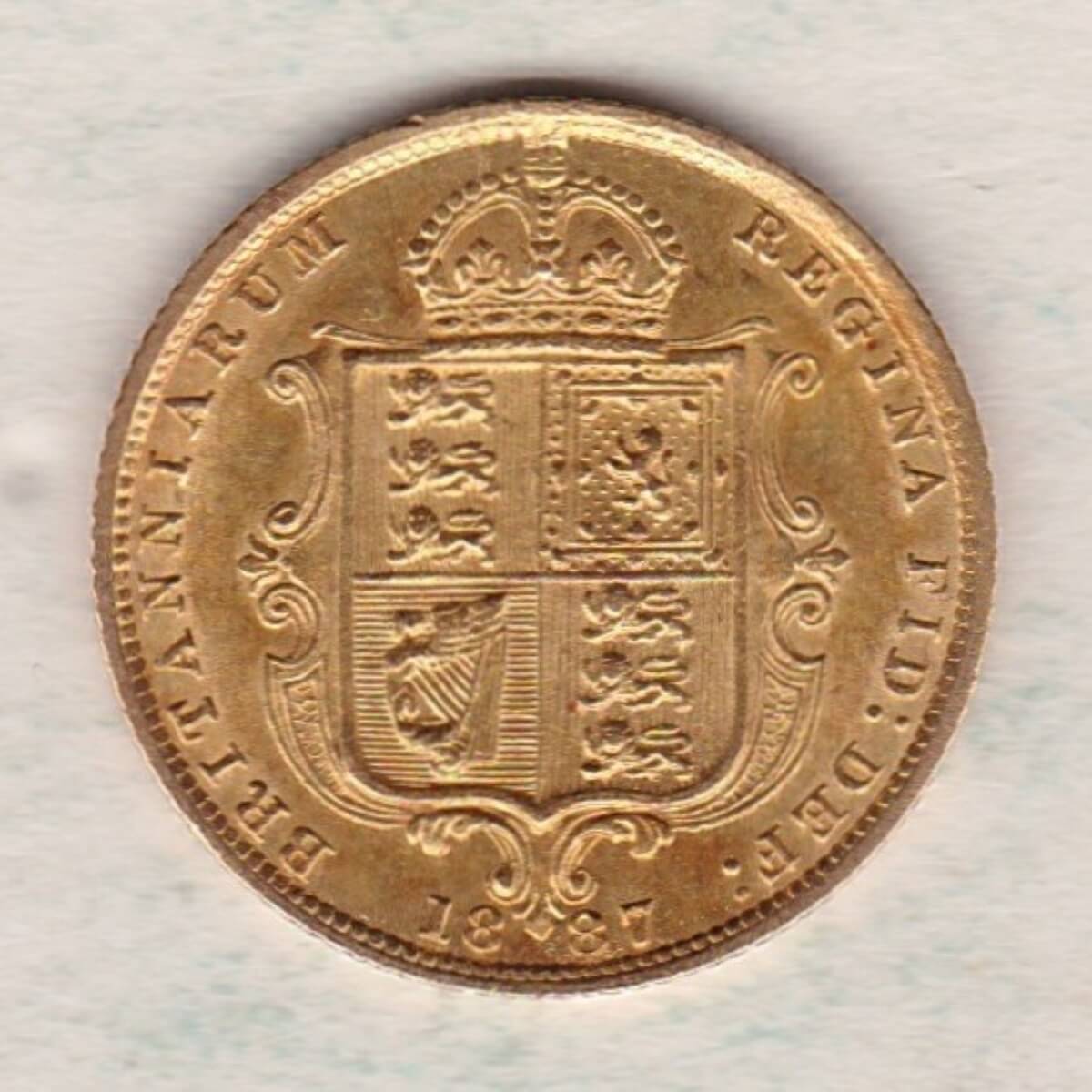 1887 Gold Half Sovereign Coin featuring Queen Victoria Jubilee Head on the Obverse and the shield design on the Reverse in EF condition.