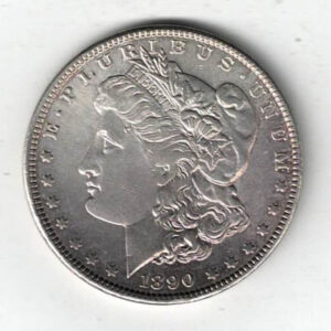 1890 Silver USA Morgan Dollar coin featuring lady liberty on the obverse. The eagle holding arrows and an olive branch on the reverse.