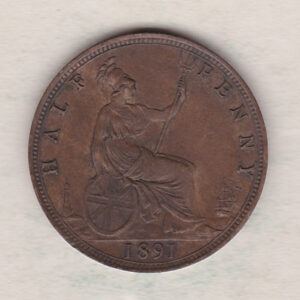 1891 Bronze Halfpenny coin featuring the portrait of Queen Victoria on the obverse. The reverse side of the coin depicts Britannia seated to the right.