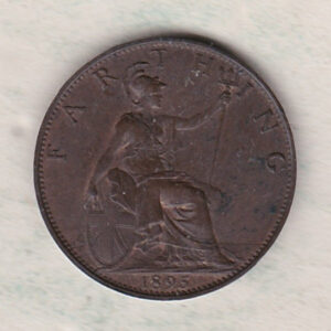 1895 bronze farthing coin featuring Queen Victoria on the obverse. The reverse features Britannia with the denomination above and date below.