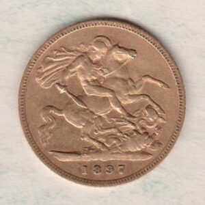 1897 Gold Half Sovereign Coin featuring Queen Victoria Old Head on the Obverse and George & the Dragon on the Reverse in a plastic coin envelope.