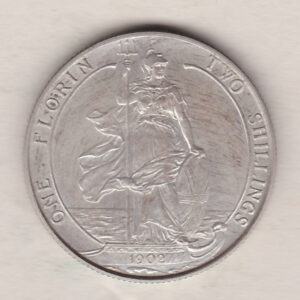 1902 Matt Proof Silver Florin coin. The portrait of King Edward VII on the Obverse. With the standing figure of Britannia on the reverse.