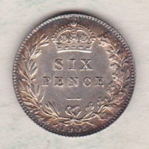 1905 Silver Sixpence coin featuring King George V on the Obverse. The Reverse features a crowned denomination within wreath.