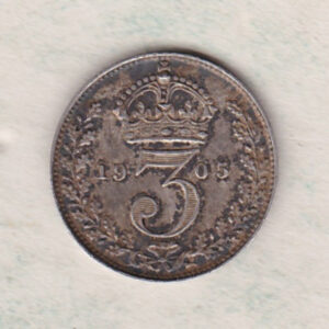 1905 Silver Threepence coin featuring the portrait of King Edward VII on the Obverse. The Reverse features a crowned denomination dividing the date.