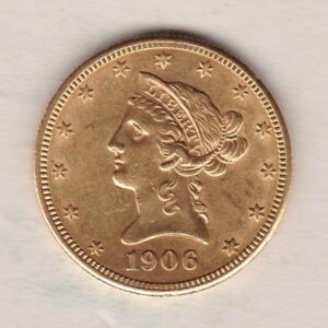 1906 S USA Ten Dollars coin featuring the bust of Liberty surrounded by 13 stars on the Obverse and the eagle on an olive branch on the Reverse.