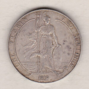 1910 Silver Florin coin. The portrait of King Edward VII on the Obverse. With the standing figure of Britannia on the reverse.