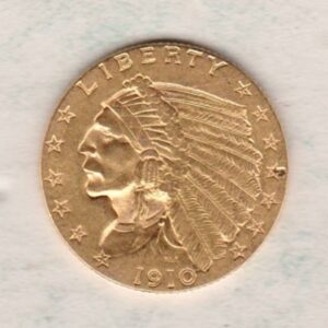 1910 USA Two And A Half Dollars Gold coin featuring the Indian head design on the Obverse. The eagle on the Reverse. Philadelphia.