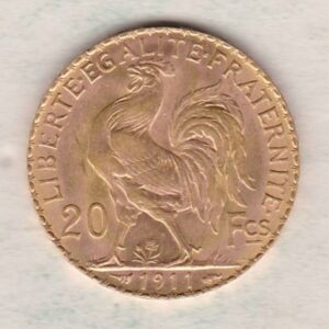 1911 France Gold Twenty Francs features the bust of Marianne, France's national symbol on the Obverse. The rooster is on the Reverse.