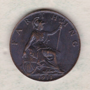 1911 bronze farthing coin featuring King George V on the obverse. The reverse features Britannia with the denomination above and date below.