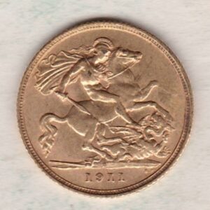 1911 S Gold Half Sovereign coin featuring the portrait of King George V on the Obverse. St George and the dragon on the Reverse.