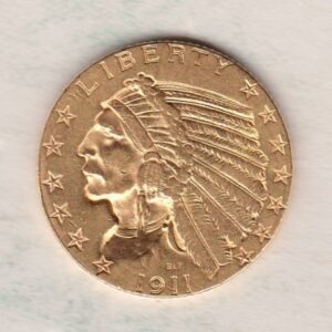 1911 USA Five Dollars coin featuring the Indian head design on the Obverse. The eagle on the Reverse. Gold five dollars coin.