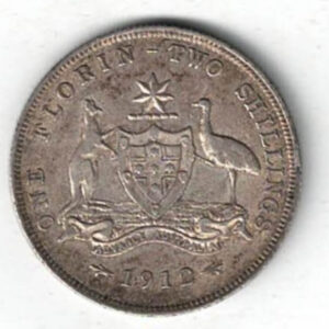 1912 Australia Silver One Florin. The obverse features the bust of George V facing Left. the reverse features the Australia coat of arms.