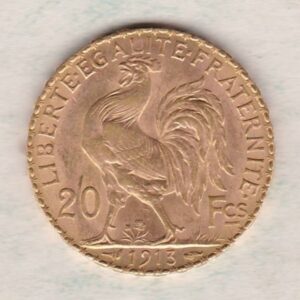 1913 France Gold Twenty Francs features the bust of Marianne, France's national symbol on the Obverse. The rooster is on the Reverse.