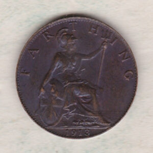 1913 bronze farthing coin featuring King George V on the obverse. The reverse features Britannia with the denomination above and date below.