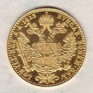 1915 Austria Gold Ducat featuring the portrait of Emperor Franz Joseph I on the Obverse. The double-headed imperial eagle is on the Reverse.