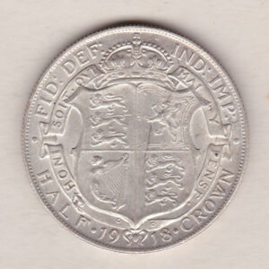 1918 Silver Halfcrown coin featuring king George V on the Obverse. The Reverse features a crowned quartered shield of arms.