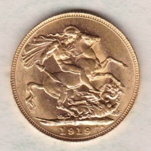 1919 P Gold Sovereign Coin. The coin features King George V on the Obverse. St George and the dragon on the reverse. The P - Perth, Australia mintmark.
