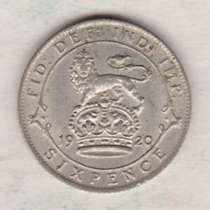 1920 Silver Sixpence coin featuring King George V on the Obverse. The Reverse features a crowned lion with date and denomination.