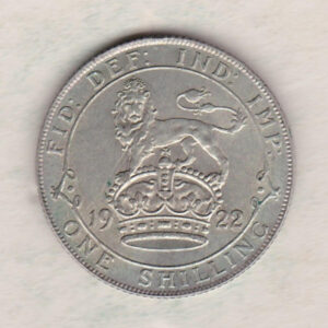1922 Silver Shilling coin featuring King George V on the Obverse. The Reverse features a crowned lion with date and denomination.