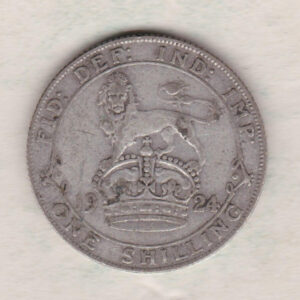 1924 Silver Shilling coin featuring King George V on the Obverse. The Reverse features a crowned lion with date and denomination.
