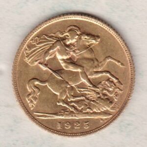 1925 SA Gold Half Sovereign coin featuring the portrait of King George V on the Obverse. St George and the dragon on the Reverse.