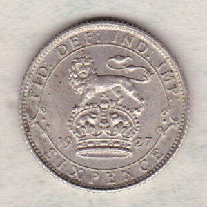 1927 Silver Sixpence Modified Effigy coin featuring King George V on the Obverse. The Reverse features a crowned lion with date and denomination.