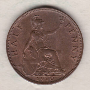1930 Bronze Halfpenny coin featuring the portrait of King George V on the obverse. The reverse side of the coin depicts Britannia seated to the right.