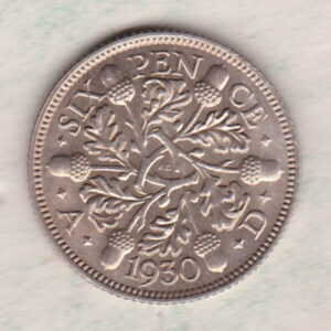 1930 Silver Sixpence coin featuring King George V on the Obverse. The Reverse features three oak sprigs with date and denomination.