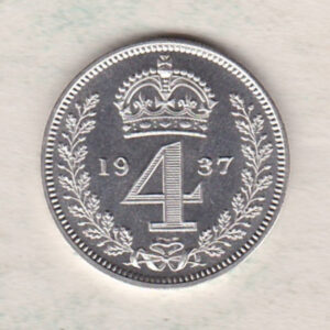 1937 silver maundy fourpence coin featuring king George VI on the Obverse. The crowned denomination dividing date within an oak wreath on the Reverse.