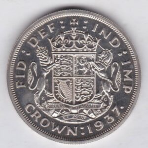 1937 Silver Proof Crown Coin featuring the uncrowned portrait of King George VI on the obverse. A crowned quartered shield of arms on the reverse.