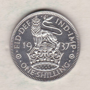 1937 Proof English Silver Shilling coin featuring King George VI on the Obverse. The Reverse features a crowned lion with date and denomination.