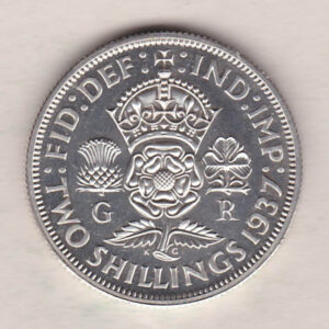 1937 Silver Proof Florin coin. The portrait of King George VI on the Obverse. The reverse depicts a crowned Tudor rose with denomination and date below.