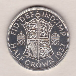 1937 Silver Proof Halfcrown coin features King George VI on the Obverse. The Quartered shield of arms flanked by crowned royal cyphers complete the Reverse.