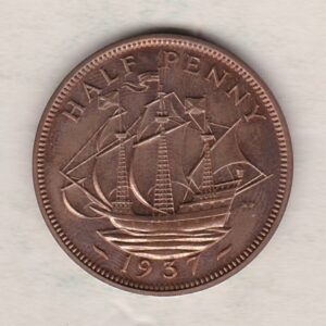1937 Proof Bronze Halfpenny coin featuring the portrait of King George VI on the obverse. The reverse side of the coin depicts a three-masted ship.