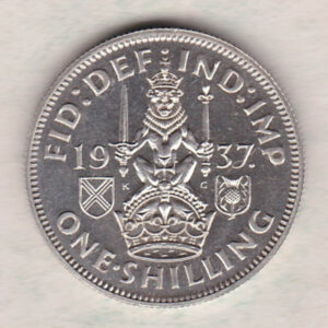 1937 Proof Scottish Silver Shilling coin featuring King George VI on the Obverse. The Reverse features a crowned lion with date and denomination.