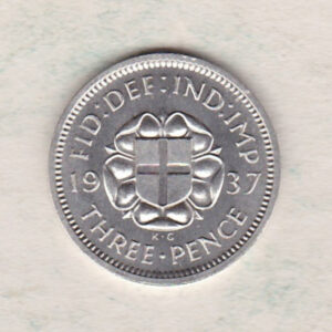 1937 Silver Proof Threepence coin featuring King George VI on the Obverse. The Reverse features St. George's cross and the Tudor rose dividing date.