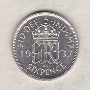 1937 Silver Proof Sixpence coin featuring the uncrowned portrait of King George VI. The reverse features the crowned royal cypher dividing the date.